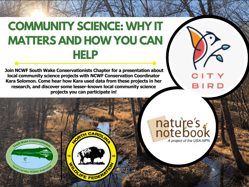 Photo collage of community science projects inlcuding City Bird and Nature's Notebook. The background image is a wetland in the winter. The text on the collage lists the title of the presentation: Community Science: Why It Matters and How You Can Help.