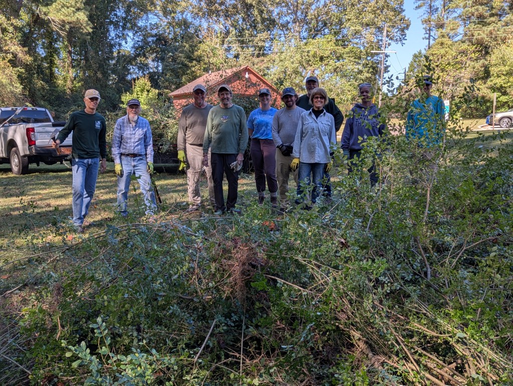 Team in front of piled-up privet