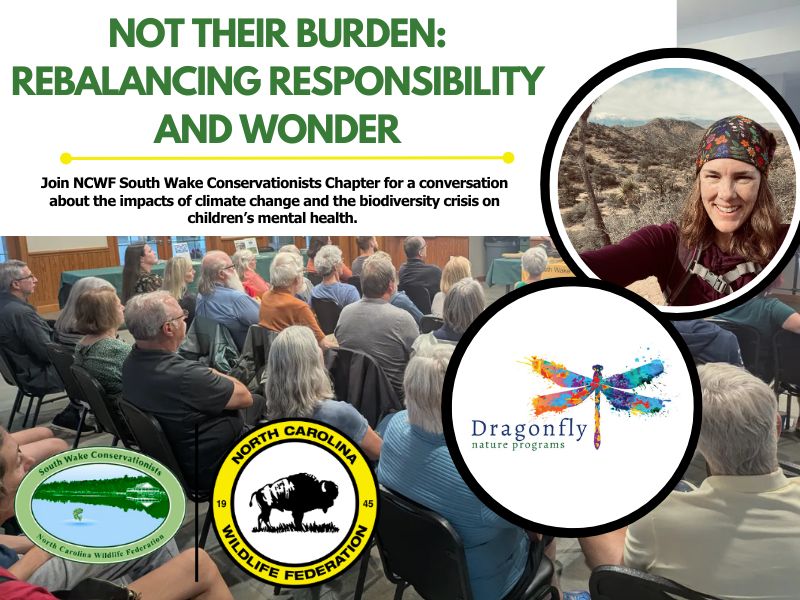 Photo collage features a group of people sitting and watching a speaker give a presentation (at Bass Lake), a picture of the speaker, and the logo for Dragonfly Nature Programs. The collage features text as the title of the presentation: Not Their Burden: Rebalancing Responsibility and Wonder.